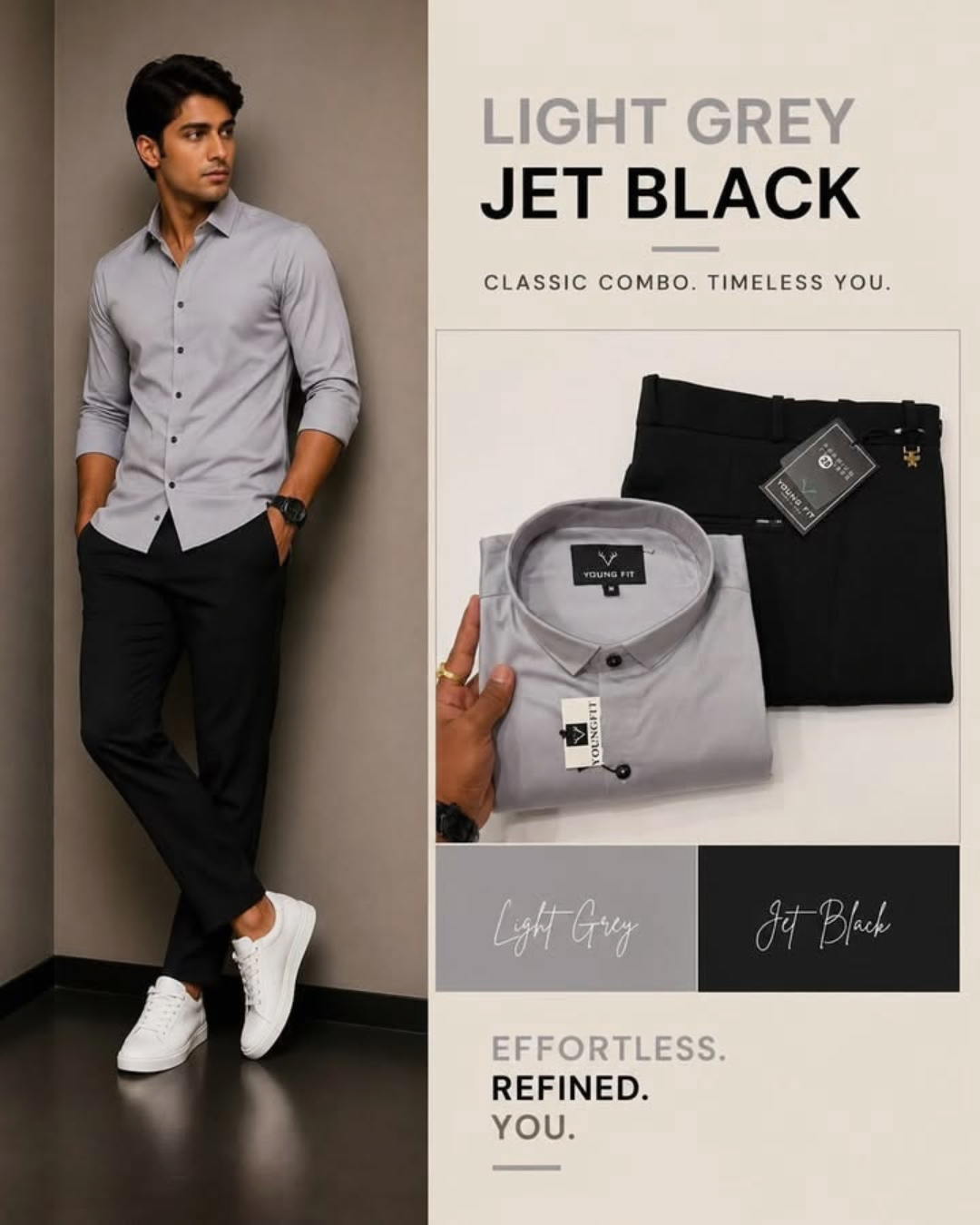 Shirt & Pant Set Collection | Light Grey + Jet Black
