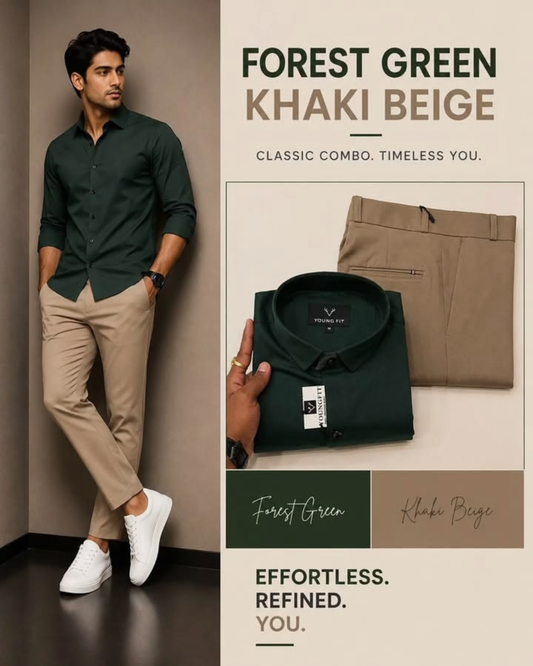 Shirt & Pant Set Collection | Forest Green + Khaki Beige
